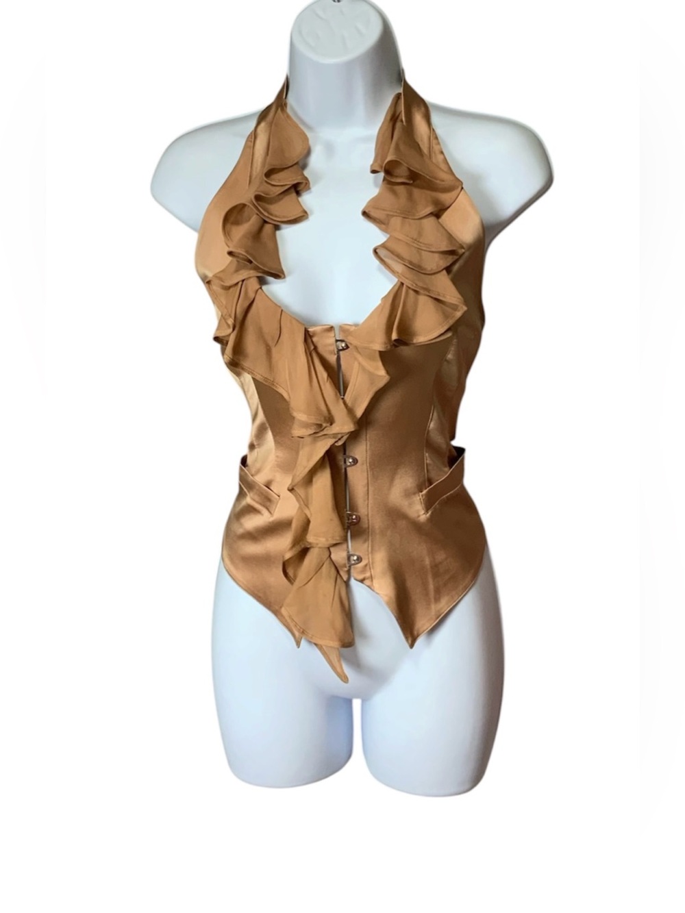 Roberto Cavalli Taupe Silk Halter Corset Top